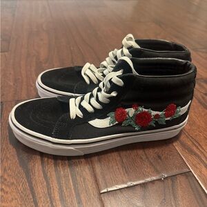Vans Black and White High-Top Sneakers with Floral Embroidery